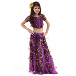 Costume de danse orientale enfant top + jupe à paillettes violet