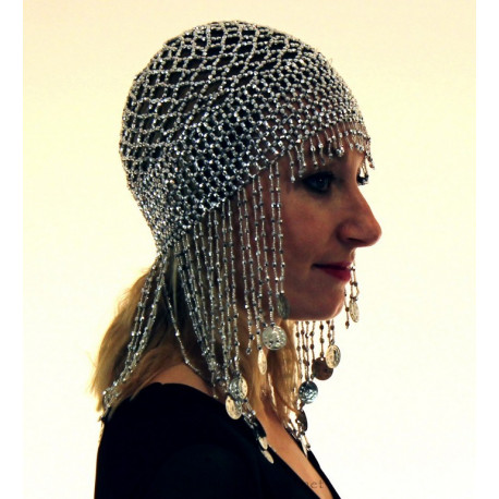 Bonnet de danse orientale argenté à sequins