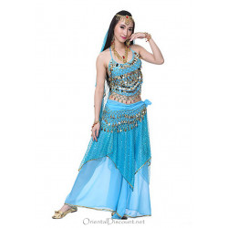 Tenue de danse orientale 2 pièces Haut + Jupe bleu ciel et or