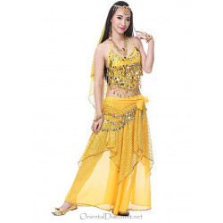Tenue de danse orientale 2 pièces Haut + Jupe jaune et or
