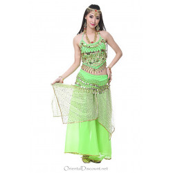 Tenue de danse orientale 2 pièces Haut + Jupe vert clair et or