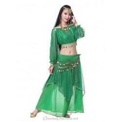 Costume de danse orientale 2 pièces Haut + vert intense et doré