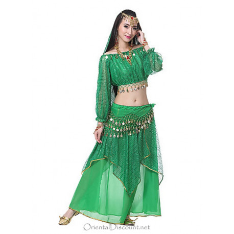Costume de danse orientale 2 pièces Haut + vert intense et doré