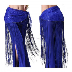 Ceinture de danse orientale à longs fils et paillettes bleu roy