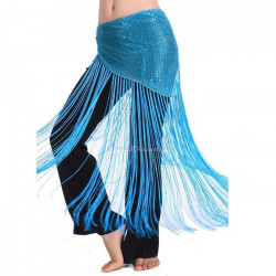 Ceinture de danse orientale à longs fils et paillettes bleu roy