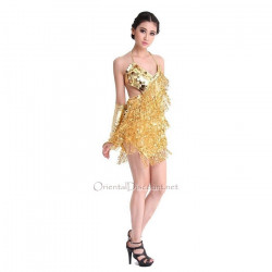 Robe latine à paillettes asymétrique or et franges