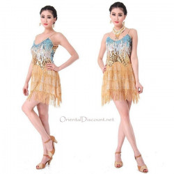 Robe latine à paillettes et franges couleur or