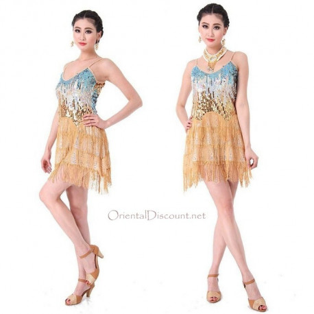 Robe latine à paillettes et franges couleur or