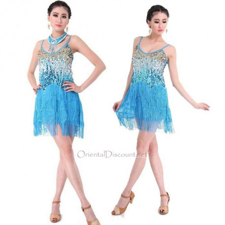 Robe latine à paillettes et franges bleu ciel
