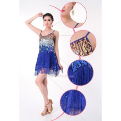 Robe latine à paillettes et franges bleu nuit