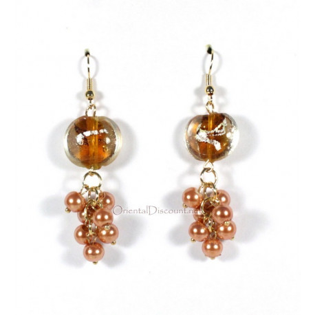 Boucles d'oreilles fantaisie grappe de perles marron clair