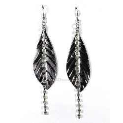 Boucles d'oreilles fantaisie feuille et strass argent