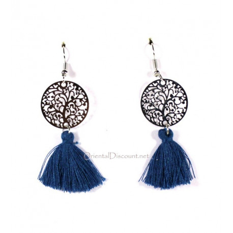 Boucles d'oreilles fantaisie pompon indigo