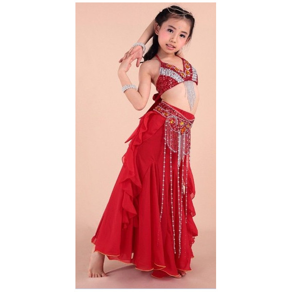 Costume de danse orientale enfant rouge et argent