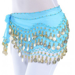 Ceinture de danse orientale turquoise à sequins dorés
