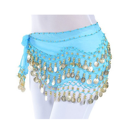 Ceinture de danse orientale turquoise à sequins dorés