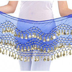 Ceinture de danse orientale bleu roy à sequins dorés