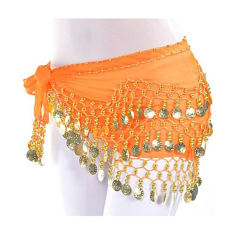 Ceinture de danse orientale orange à sequins dorés