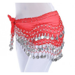 Ceinture de danse orientale rouge à sequins argent