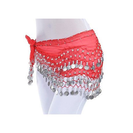 Ceinture de danse orientale rouge à sequins argent
