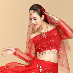 Brassière de danse orientale brillante à manches longues rouge