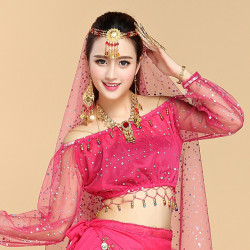 Brassière de danse orientale brillante à manches longues fuschia