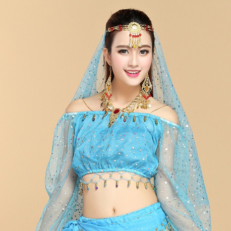 Brassière de danse orientale brillante à manches longues bleu ciel