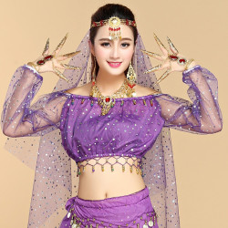 Brassière de danse orientale brillante à manches longues violet