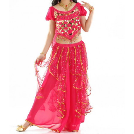 Costume de danse orientale à froufrous brillants Fuschia