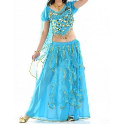 Costume de danse orientale à froufrous brillants Bleu clair
