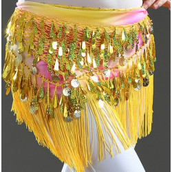 Ceinture de danse orientale triangle à franges jaune et rose