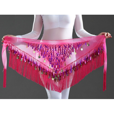 Ceinture de danse orientale triangle à franges fuschia