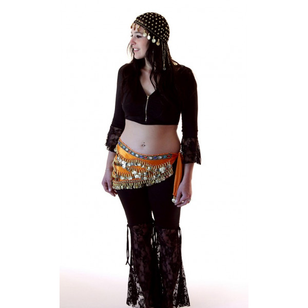 Foulard hanche de danse orientale noir avec sequins multicolores