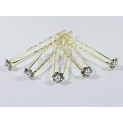Lot de 5 pics à cheveux petite fleur de strass et perles or