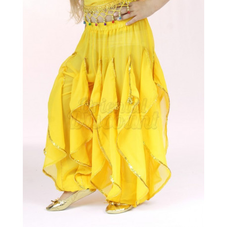 Pantalon enfant de danse orientale à voiles et grelots jaune