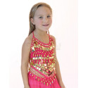 Top enfant de danse orientale à grelots et pastilles dorées fuschia