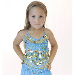 Top enfant de danse orientale à grelots et pastilles dorées bleu clair