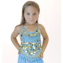 Top enfant de danse orientale à grelots et pastilles dorées bleu clair