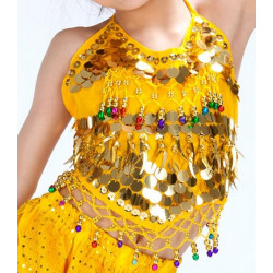 Top enfant de danse orientale à grelots et pastilles dorées jaune