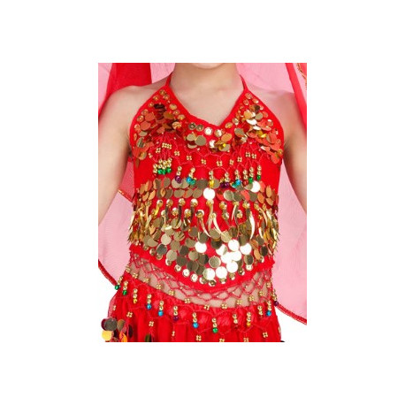 Top enfant de danse orientale à grelots et pastilles dorées rouge