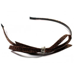 Serre tête fantaisie à paillettes petit noeud et strass marron