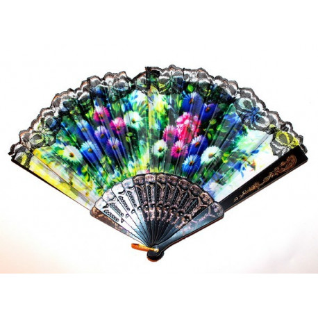 Eventail style andalou noir et dentelle motif aster