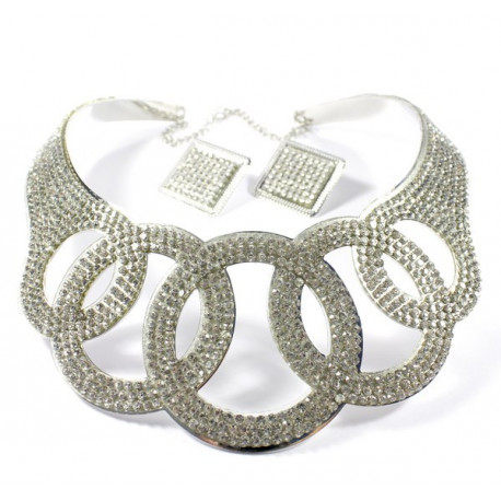 Collier parure strass argenté cercles