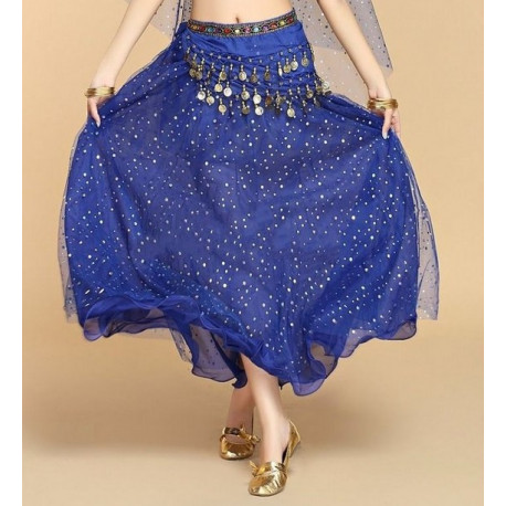 Jupe de danse orientale doublée à paillettes argentées bleu nuit