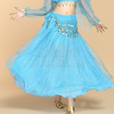 Jupe de danse orientale doublée à paillettes argentées bleu ciel