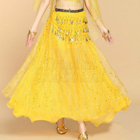 Jupe de danse orientale doublée à paillettes argentées jaune