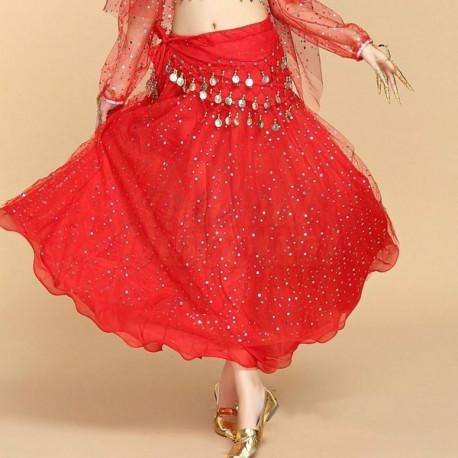 Jupe de danse orientale doublée à paillettes argentées rouge