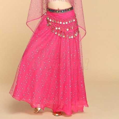 Jupe de danse orientale doublée à paillettes argentées fuschia