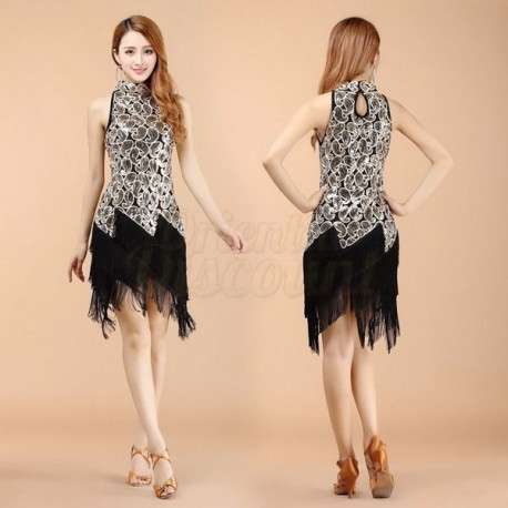 Robe latine à paillettes dorées et broderies noire