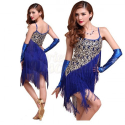 Robe latine à paillettes dorées et broderies bleu roy